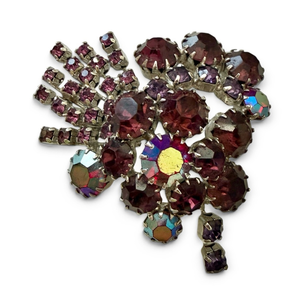 Vintage Continental Amethyst Purple Rhinestone Brooch, Aurora Borealis Crystal